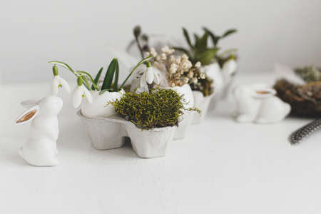 Easter rustic still life. Easter egg shells with snowdrops, bunny figurines, feathers, nest on aged...