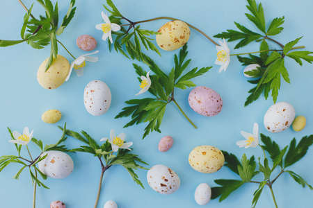 Colorful Easter chocolate eggs and spring flowers flat lay on blue background. Stylish easter...