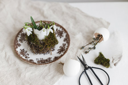 Stylish Easter table setting. Natural egg with snowdrops in nest on vintage plate, napkin, willow and scissors on white wood. Modern Easter table rustic decoration. Space for textの写真素材