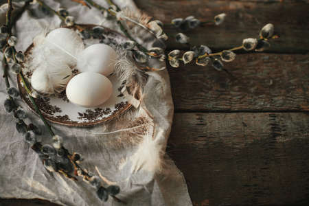 Natural egg in nest with feathers, vintage plate,  pussy willow branches and napkin on aged wood. Rustic Easter still life. Easter table decoration. Moody imageの写真素材