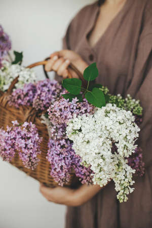 Stylish woman holding wicker basket with beautiful lilac flowers in rustic room. Female in linen dress arranging lilac flowers, cropped view. Authentic moody moment. Rustic weddingの写真素材
