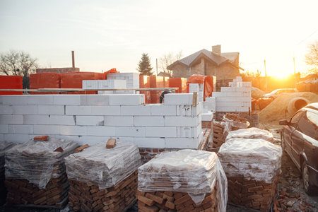 Autoclaved aerated blocks on concrete foundation and bricks in evening light, process of house...