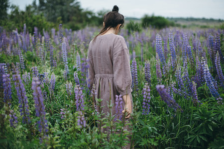 Stylish woman in rustic dress walking among lupine meadow, atmospheric image. Young female in linen dress gathering flowers in summer countryside, rural slow life. Cottagecore aestheticsの写真素材