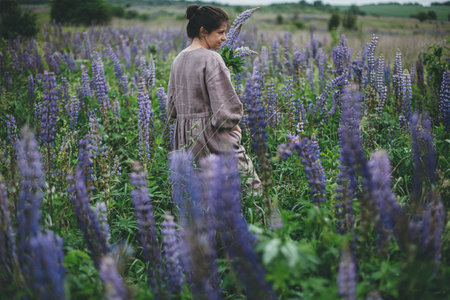 Stylish woman in rustic dress gathering lupine bouquet in meadow, atmospheric moment. Cottagecore aesthetics. Young female in linen dress holding wildflowers in summer countryside, rural slow lifeの写真素材