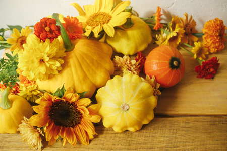 Happy Thanksgiving! Stylish autumn composition on rustic background. Colorful autumn flowers,...