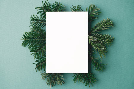 Christmas card mock up. Modern greeting card flat lay with green fir branches on green background. Empty postcard template with space for text. Merry Christmas and Happy Holidays!の写真素材