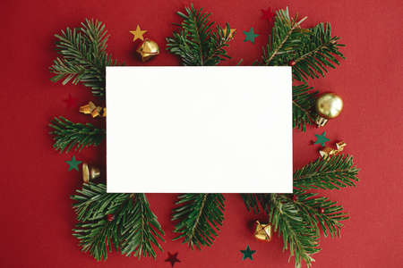 Christmas card flat lay. Modern greeting card mock up with stylish christmas decorations and fir branches on red background. Empty postcard template with space for text. Merry Christmasの写真素材