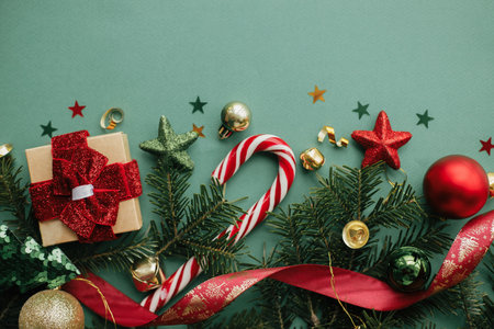Merry Christmas! Christmas flat lay. Stylish christmas border with festive decorations,...