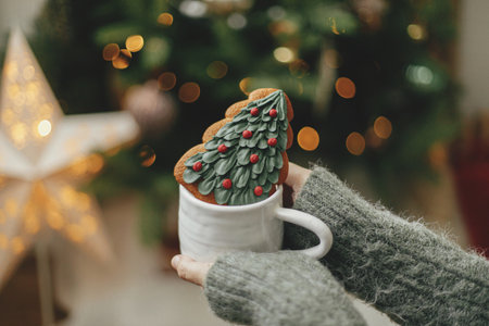 Hands holding cup with christmas tree gingerbread cookie on background of christmas tree with lights. Cozy home, atmospheric winter time. Merry Christmas! Holiday bannerの写真素材