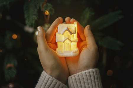 Little glowing house in hands on background of illuminated christmas tree lights bokeh. Magical holiday time. Cozy home. Atmospheric  image. Family togetherness and safety concept. Merry Christmas!の写真素材
