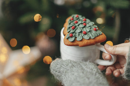 Merry Christmas! Holiday banner. Hands holding cup with christmas tree gingerbread cookie on...