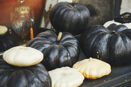 Pumpkin modern decoration outdoors. Stylish autumn decor of exterior building. Stylish painted black...