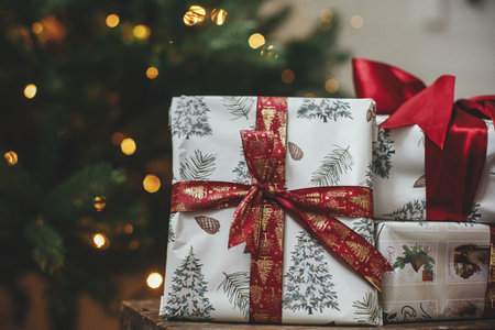 Stylish christmas gifts at christmas tree with lights. Merry Christmas and Happy Holidays! Wrapped...
