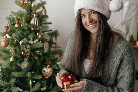 Woman in cozy sweater and santa hat holding wrapped christmas gift at christmas tree in atmospheric festive room. Merry Christmas and Happy Holidays!の写真素材