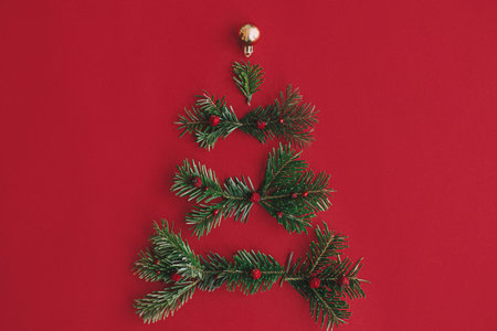 Modern Christmas tree, winter holidays concept. Stylish christmas tree made of fir branches,...