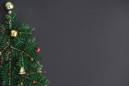Stylish christmas tree made of fir branches, red berries and gold baubles on black background. Creative christmas idea, winter holidays. Merry Christmas! Modern festive flat lay, space for textの写真素材