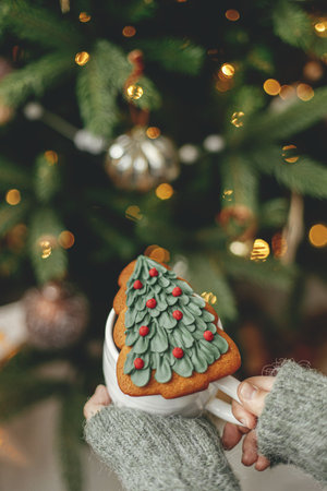Hands holding cup with christmas tree gingerbread cookie on background of christmas tree with lights. Cozy home, atmospheric winter time. Merry Christmas! Holiday bannerの写真素材