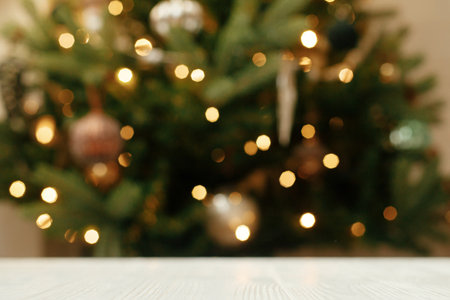 Christmas festive template and mock up for product. Wooden table close up on background of christmas...