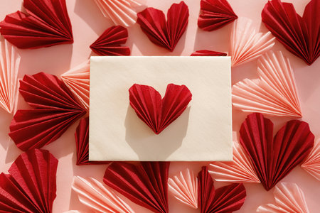 Happy Valentine's day! Stylish envelope with pink and red hearts flat lay on pink paper background....