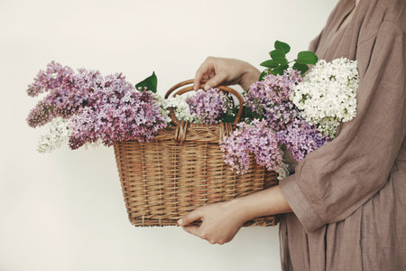 Stylish woman holding wicker basket with beautiful lilac flowers in rustic room. Female in linen dress arranging lilac flowers, cropped view. Authentic moody moment. Rustic weddingの写真素材