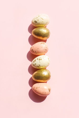 Stylish Easter eggs in sunlight flat lay on pink background. Happy Easter! Modern holiday banner and Greeting card. Easter eggs composition in sunny light, copy spaceの写真素材