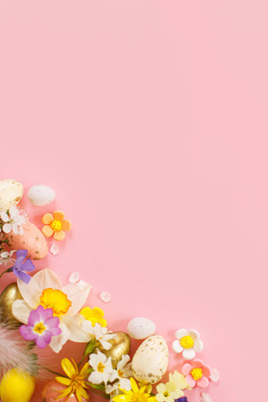 Stylish Easter eggs, spring flowers, cherry blossoms flat lay on pink background with copy space....