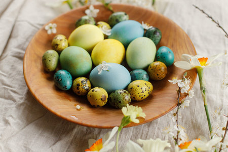 Happy Easter!  Stylish easter eggs and blooming spring flowers in wooden bowl on rustic table....