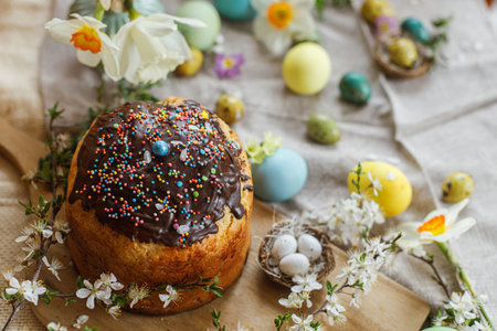 Happy Easter! Homemade easter bread and natural dyed easter eggs with spring flowers on linen napkin on rustic table. Traditional Easter food. Top viewの写真素材