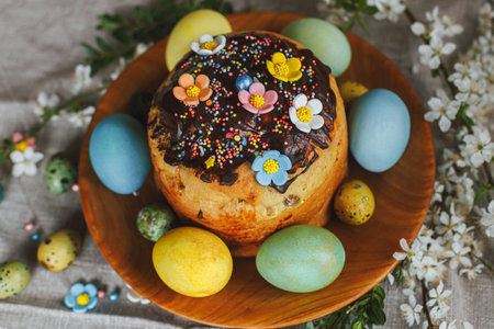 Homemade easter bread and natural dyed easter eggs with spring flowers on wooden plate on rustic table. Top view. Happy Easter! Traditional Easter food.の写真素材