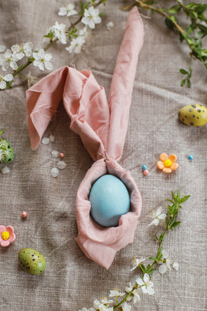 Stylish natural dyed easter egg in bunny ears napkin with spring flowers on rustic table. Happy Easter! Modern easter table setting. Rustic Easter still lifeの写真素材
