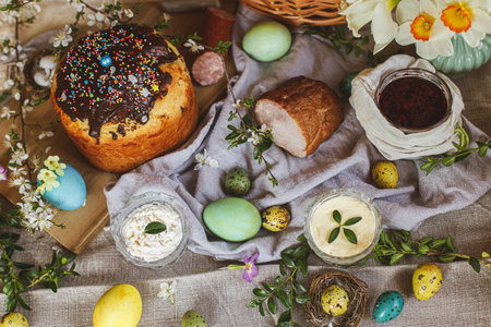 Traditional Easter food. Homemade easter bread, natural dyed easter eggs, ham, beets, butter, cheese...