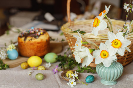 Beautiful daffodils on background of homemade easter bread, natural dyed easter eggs with spring...