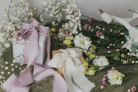 Stylish simple gift with silk ribbons and beautiful flowers on green fabric background. Happy women's day and mother's day concept. Modern spring holiday still life. Greeting cardの写真素材
