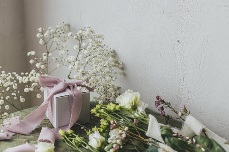 Stylish simple gift with silk ribbons and beautiful flowers on green fabric background. Happy women's day and mother's day concept. Modern spring holiday still life. Greeting cardの写真素材