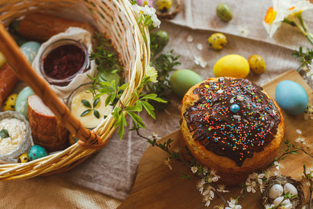 Homemade easter bread, natural dyed easter eggs, ham, beets, butter in basket on rustic table with spring blossoms and linen napkin. Top view. Traditional Easter foodの写真素材