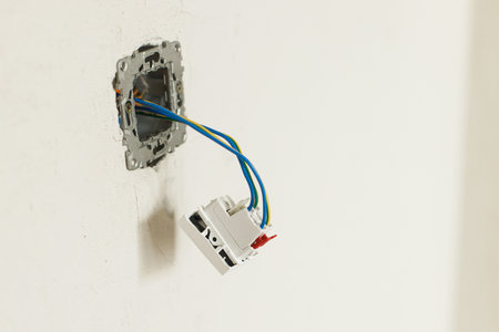 Electric box with socket and switch. Installing electricity connector in plastered wall....
