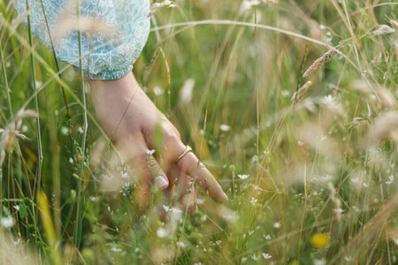 Woman hand among wildflower in grass in summer countryside, close up. Carefree atmospheric moment....