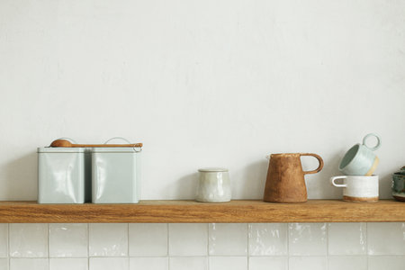 Wooden shelf with utensils, cups and decor on rustic wall background in modern kitchen in new scandinavian house. Modern kitchen interior and stylish farmhouse accessoriesの写真素材
