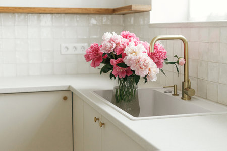 Beautiful peonies in vase in sink on background of brass faucet and white counter in new...
