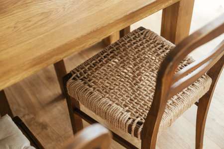 Stylish wooden chair with weaving twine. Handmade rustic chair. Diy modern rustic stool with rope. Details of modern scandinavian houseの写真素材