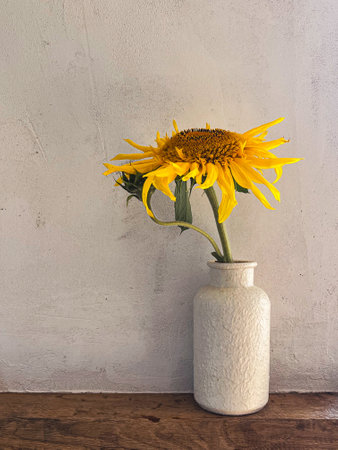 Beautiful sunflowers in vase on rustic background. Stylish flower still life, summer artistic composition. Floral vertical wallpaperの写真素材