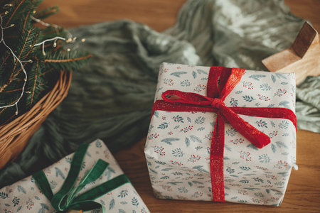 Stylish wrapped christmas gifts, rustic basket with fir branches and modern decorations on table in festive decorated scandinavian room. Merry Christmas and Happy holidays!の写真素材