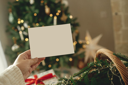 Hand holding empty greeting card on background of stylish christmas wrapped gifts, fir branches and...