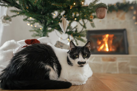 Cute cat sitting under stylish christmas tree gifts on background of burning fireplace. Adorable cat relaxing in christmas festive decorated living room. Pets and winter holidays