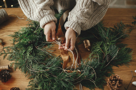Making Christmas rustic wreath close up. Hands holding ribbon, making wreath on wooden table with cedar branches, pine cones, bells in atmospheric festive room. Winter holiday preparationsの写真素材