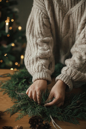 Hands in cozy sweater making Christmas rustic wreath with fir branches on wooden table against stylish festive tree lights, close up. Winter holiday preparations, atmospheric timeの写真素材