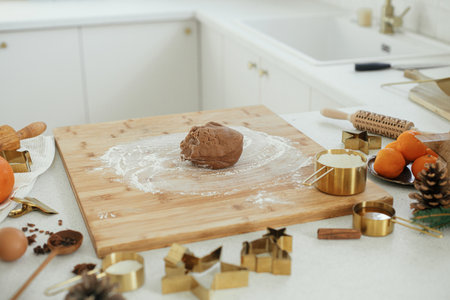 Making christmas gingerbread cookies in modern white kitchen. Gingerbread dough on wooden board,...