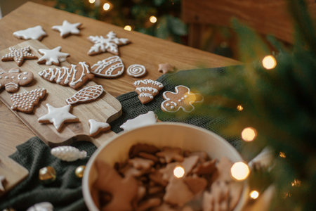 Merry Christmas! Gingerbread cookies with icing on wooden table with fir branches and festive...