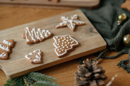 Christmas holiday traditions, atmospheric family time. Gingerbread cookies with icing on rustic wooden table with christmas golden lights. Decorating cookies with sugar frostingの写真素材