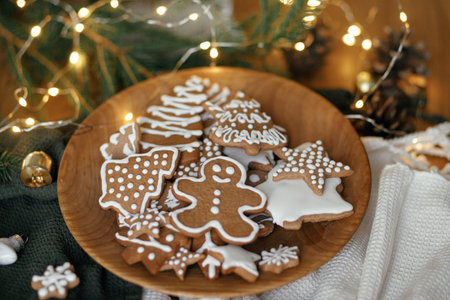 Christmas gingerbread cookies with icing in plate on festive rustic table with decorations, fir branches, golden illumination. Merry Christmas! Delicious gingerbread cookies, atmospheric timeの写真素材